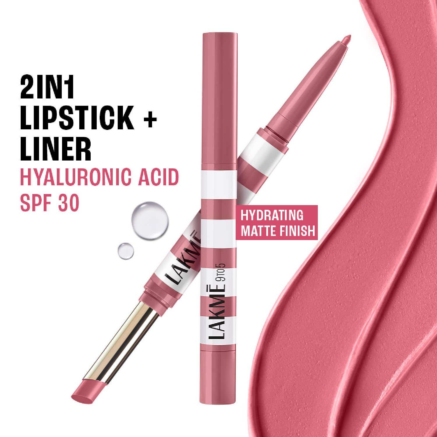 Lakme | Lakme 9to5 Hya Beach Edit, Lipstick + Liner Duo, SPF Matte Finish Lipstick – Vacay Pink, (2 + 0.2 g)