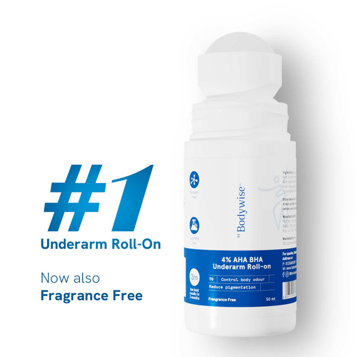Be Bodywise | Be Bodywise 4% AHA BHA Underarm Roll On - For Underarm Pigmentation & Odour - Fragrance Free (50 ml)