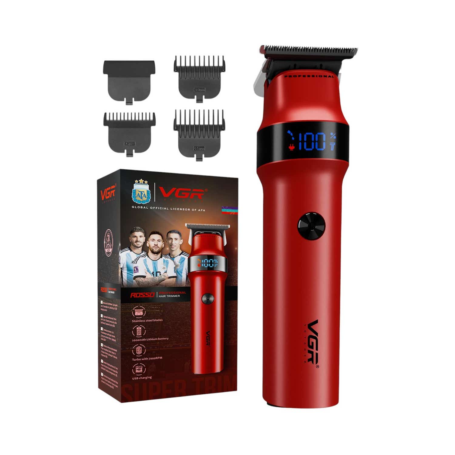 VGR | VGR ROSSO Beard & Hair Trimmer for Men with 3 Guide Combs 400Min Runtime 2-Year Warranty - Red
