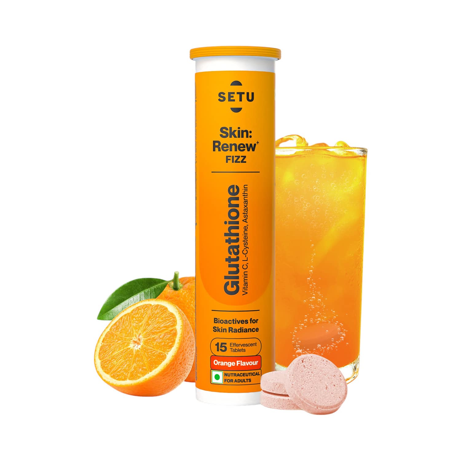 Setu | Setu Skin Renew L-Glutathione Tablets with Vitamin C for Clear & Glowing Skin - Orange (15 Tablets)