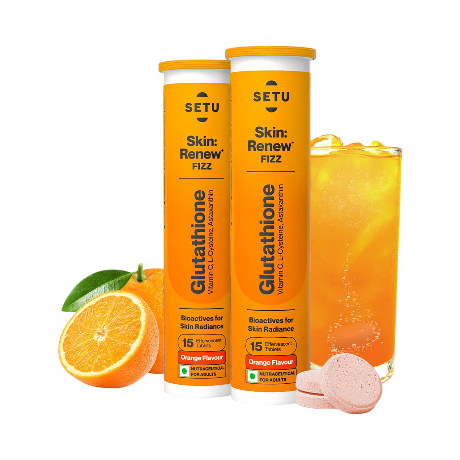 Setu | Setu Skin Renew L-Glutathione Tablets with Vitamin C for Clear & Glowing Skin - Orange (30 Tablets)
