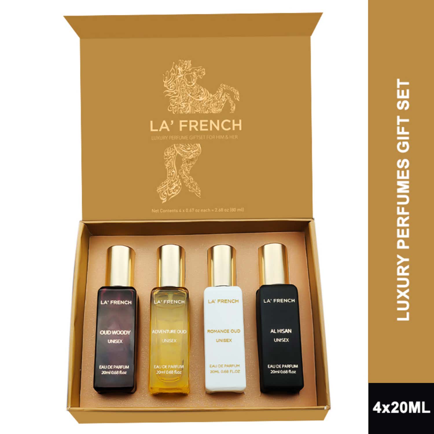 LA' French | LA' French Adventure Oud, Romance Oud, Al Hisan, Oud Woody Luxury Perfume Gift Set For Unisex (4Pcs)