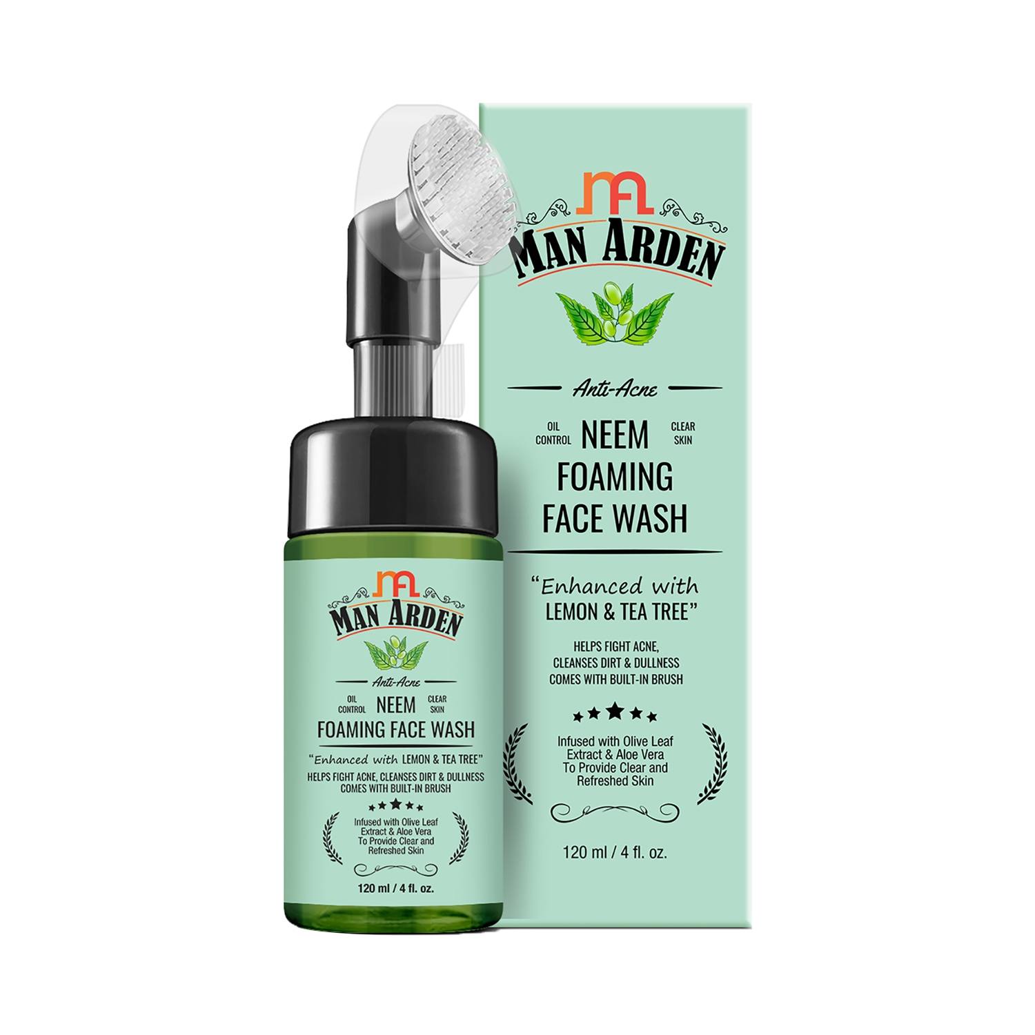 Man Arden | Man Arden Anti-Acne Neem Foaming Face Wash With Built-In Brush Helps Fight Acne, Cleanses Dirt & Dullness Infused With Olive Leaf Extract & Aloe Vera (120ml)