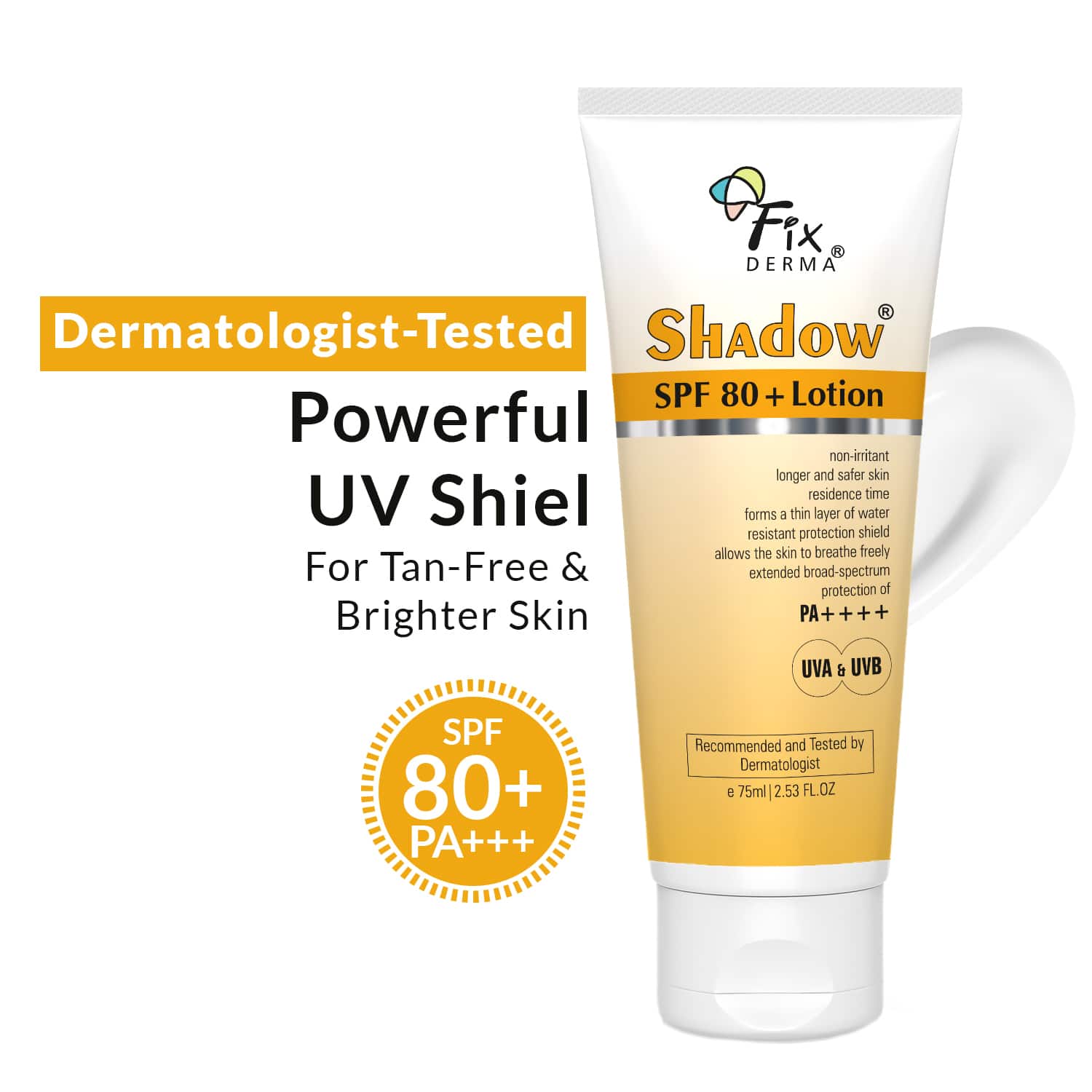 Fixderma | Fixderma Shadow Sunscreen SPF 80+ PA++++ Lotion, Oily Skin & Dry Skin, UVA & UVB Protection (75ml)