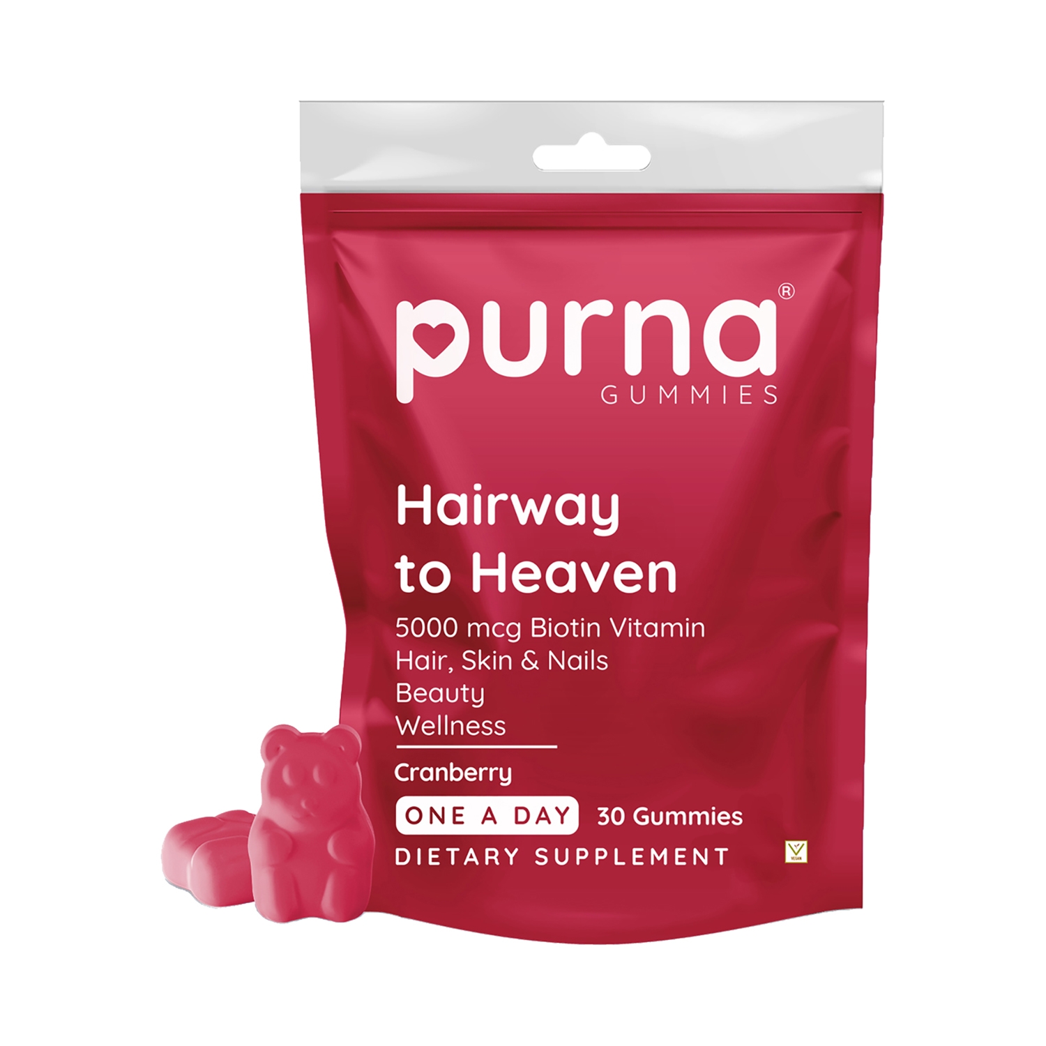 Purna Gummies | Purna Gummies Biotin Gummies For Hair, Nails & Skin - Cranberry Flavour (30 Pcs)