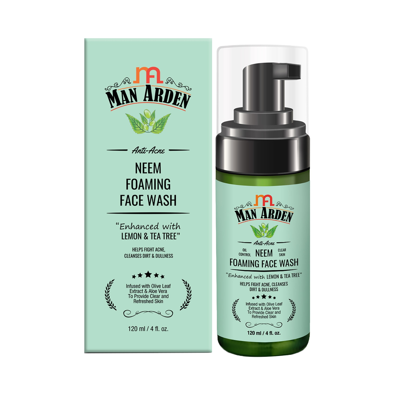 Man Arden | Man Arden Anti-Acne Neem Foaming Face Wash Helps Fight Acne, Cleanses Dirt & Dullness Infused With Olive Leaf Extract & Aloe Vera (120ml)