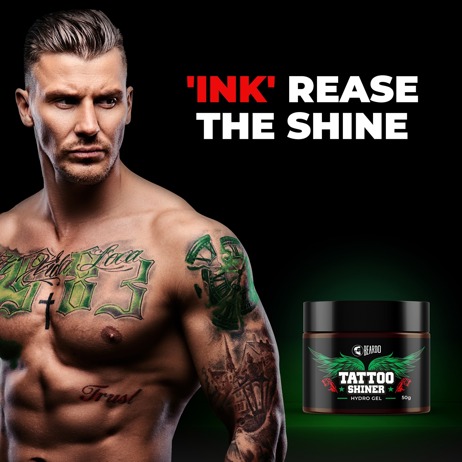 Buy Beardo Tattoo Shiner Hydro Gel | Instant shine & brightness | Heals  tattooed skin Online