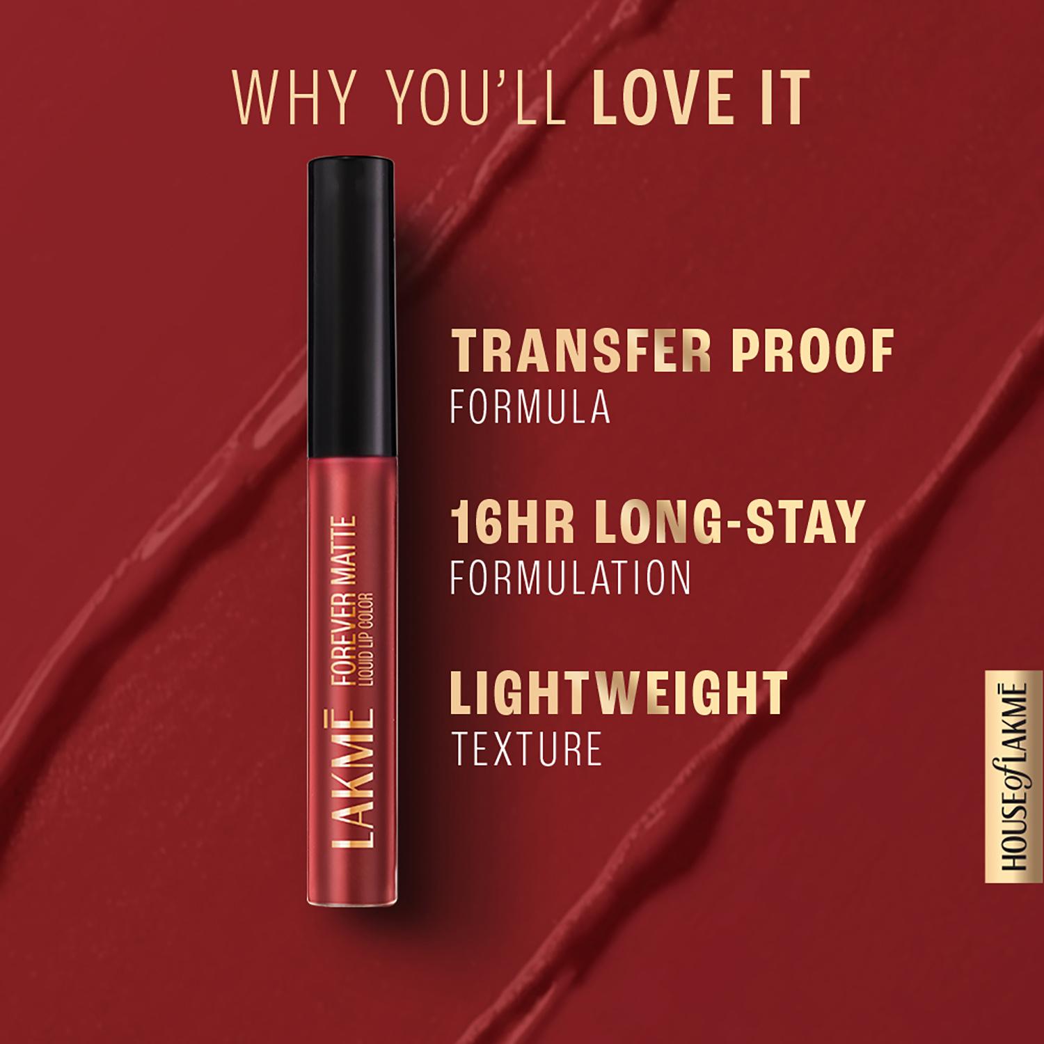 Lakme | Lakme Forever Matte Liquid Lip, 16hr Lipstick, Crimson Rose, (5.6 ml)