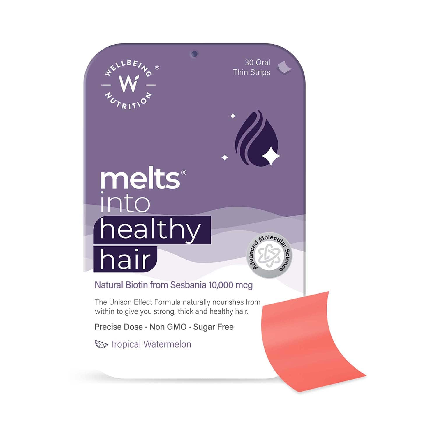 Wellbeing Nutrition | Wellbeing Nutrition Melts Healthy Hair with Plant Based Wholefood Biotin 10,000 mcg from Sesbania, Zinc, Bamboo Extract (30 Strips)