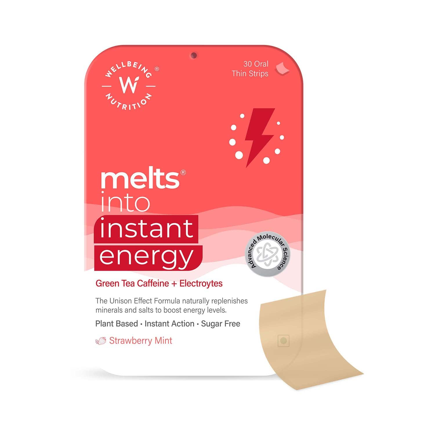 Wellbeing Nutrition | Wellbeing Nutrition Melts Instant Energy, 100% Plant Based Green Tea Caffeine, Essential Electrolytes and Vitamins (30 Strips)