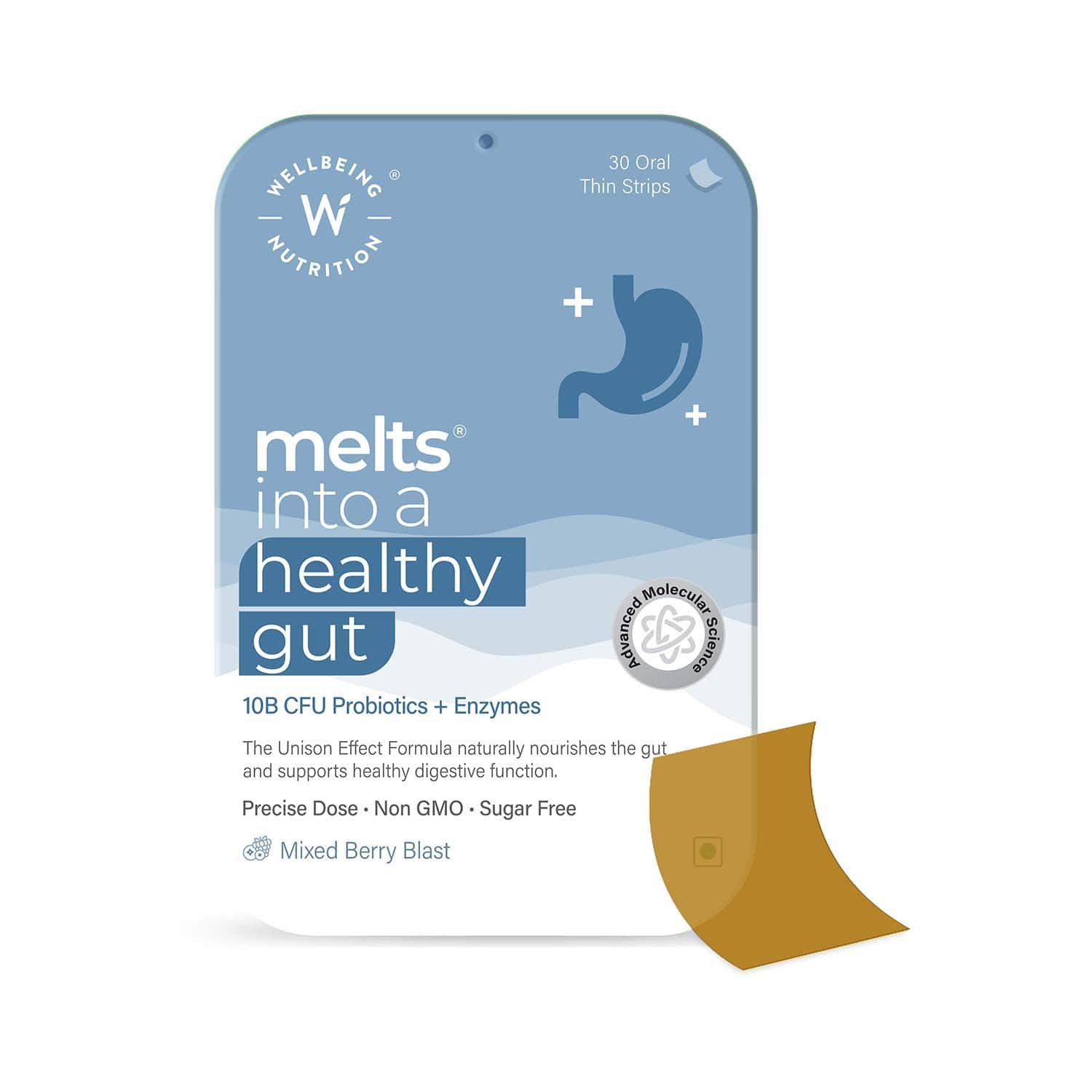 Wellbeing Nutrition | Wellbeing Nutrition Melts Healthy Gut Probiotic 10B CFU, Digestive Enzymes & FOS For Indigestion, Gas, Acidity (30 Strips)