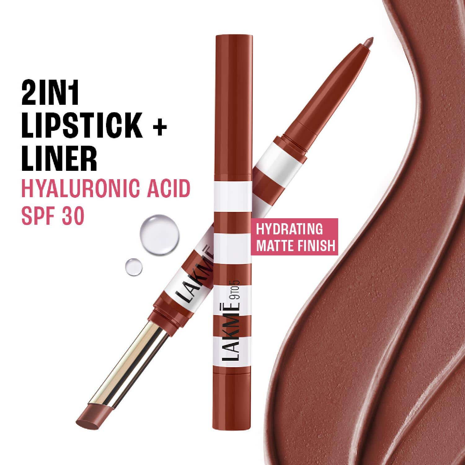 Lakme | Lakme 9to5 Hya Beach Edit, Lipstick + Liner Duo, SPF Matte Finish Lipstick-Afterhours Nude (2+0.2 g)