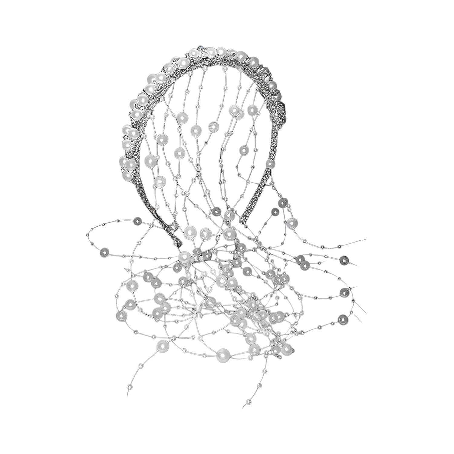 Majestique | Majestique Bridal Pearl Tassel Hairband with Crystals - White