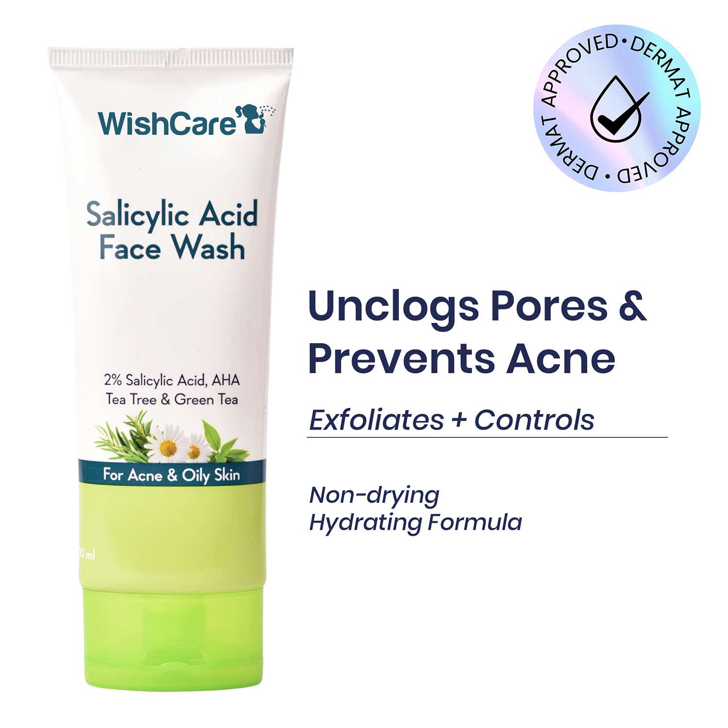 WishCare 2% Salicylic Acid Face Wash with AHA and Tea Tree Oil Control Reduces Sebum & Acne (100 ml)