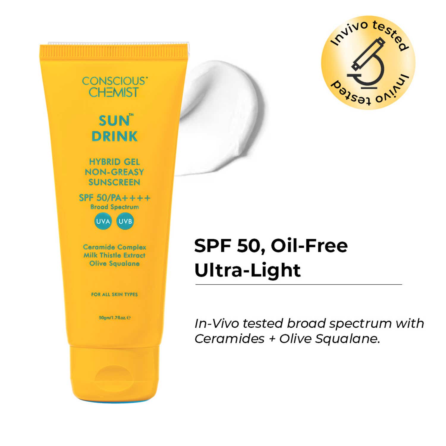 Conscious Chemist | Conscious Chemist Sun Drink Ceramides Hybrid Gel Sunscreen SPF50 PA++++ With UVA/UVB & No White Cast (50gm)
