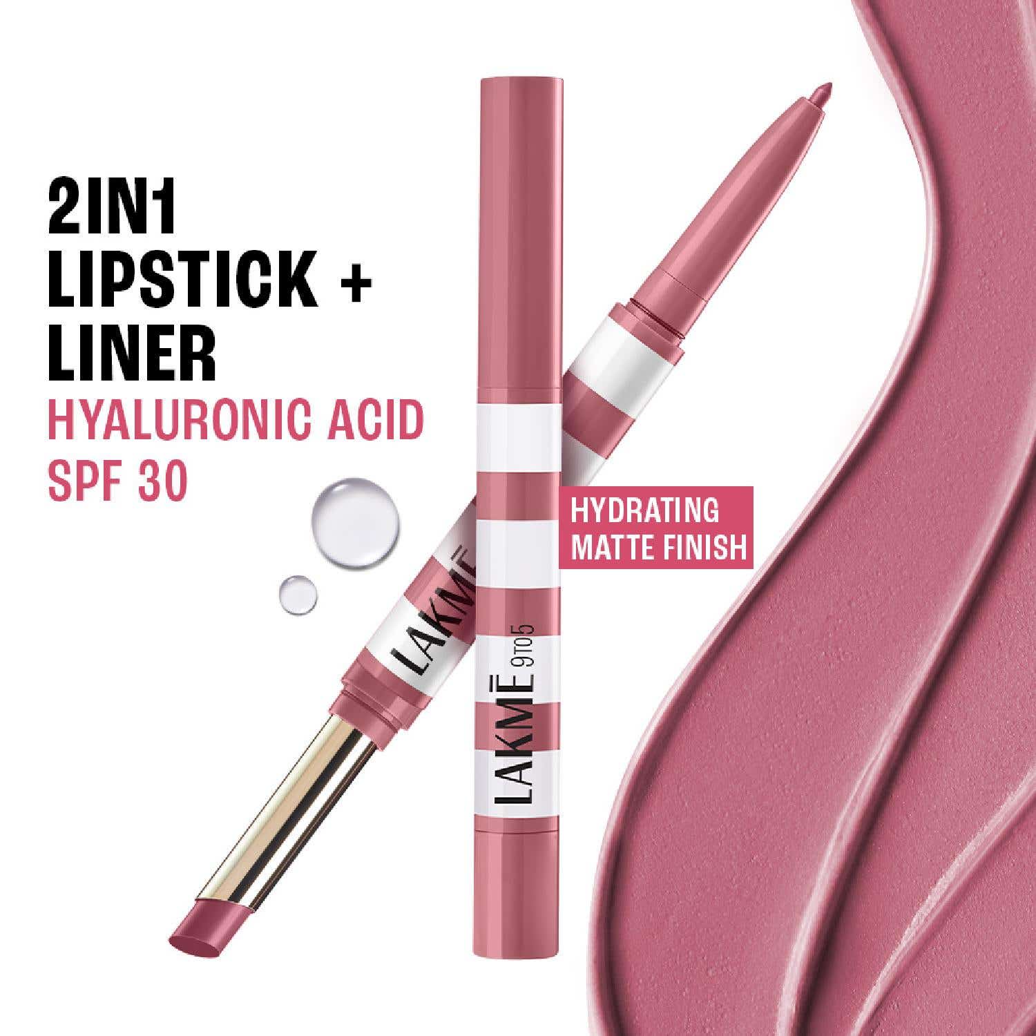 Lakme | Lakme 9to5 Hya Beach Edit, Lipstick + Liner Duo, SPF Matte Finish Lipstick – Pro Pink, (2 + 0.2 g)