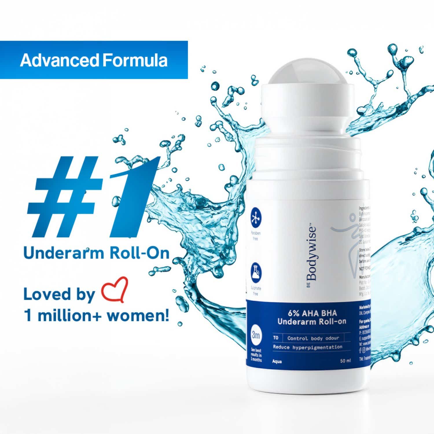 Be Bodywise | Be Bodywise 6% AHA BHA Underarm Roll On - Advanced Formulation- Aqua (50ml)