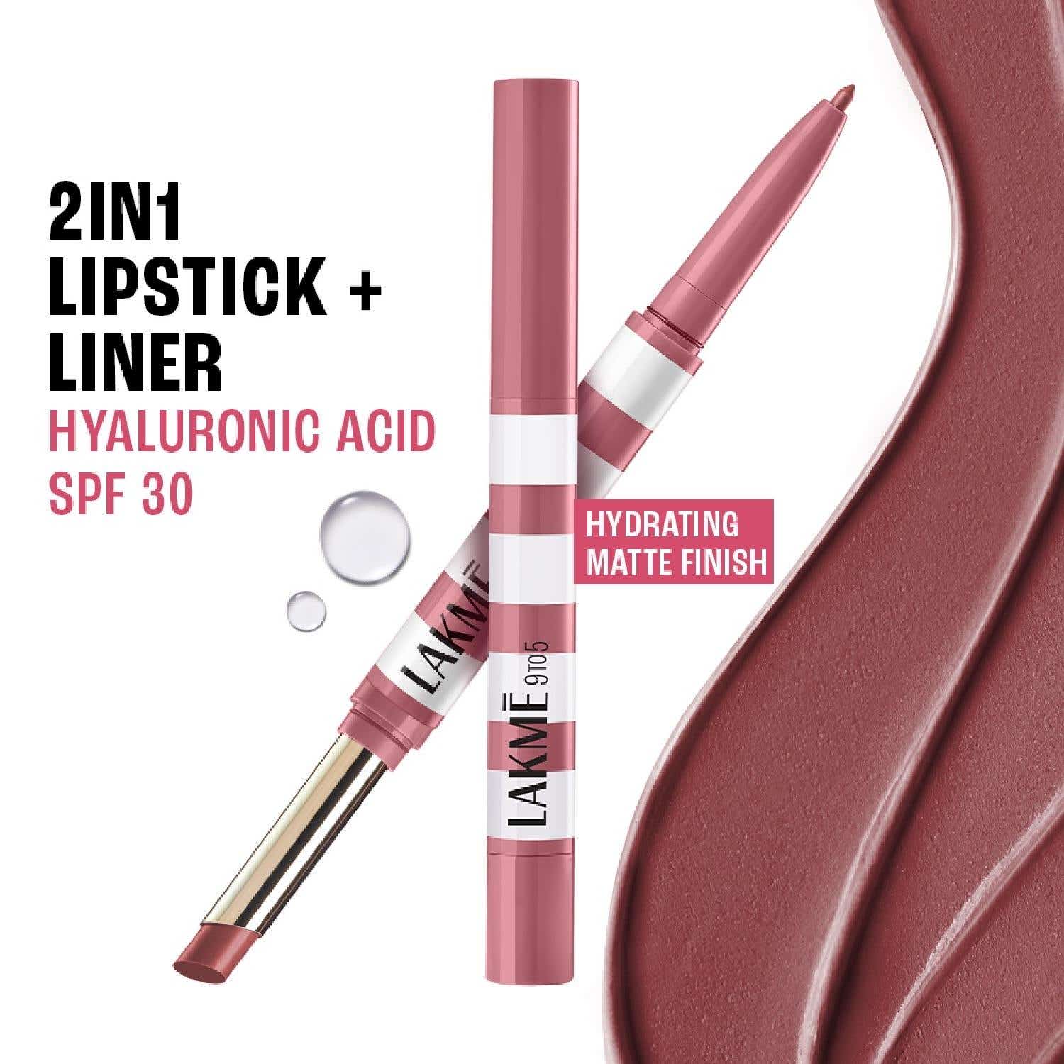 Lakme | Lakme 9to5 Hya Beach Edit, Lipstick + Liner Duo, SPF Matte Finish Lipstick – Mocha Tide, (2 + 0.2 g)
