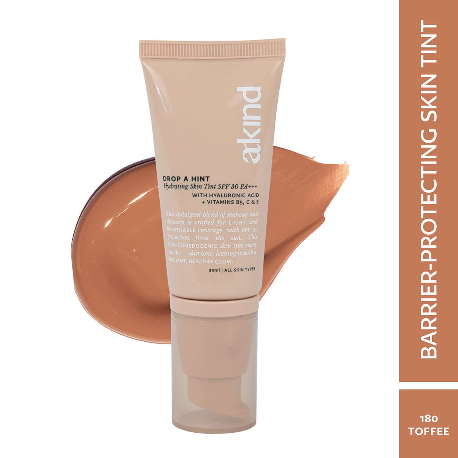 Akind | Akind Drop A Hint Hydrating Skin Tint SPF 30 PA+++ Dewy Skin & Sun Protection - 180 Toffee (30ml)