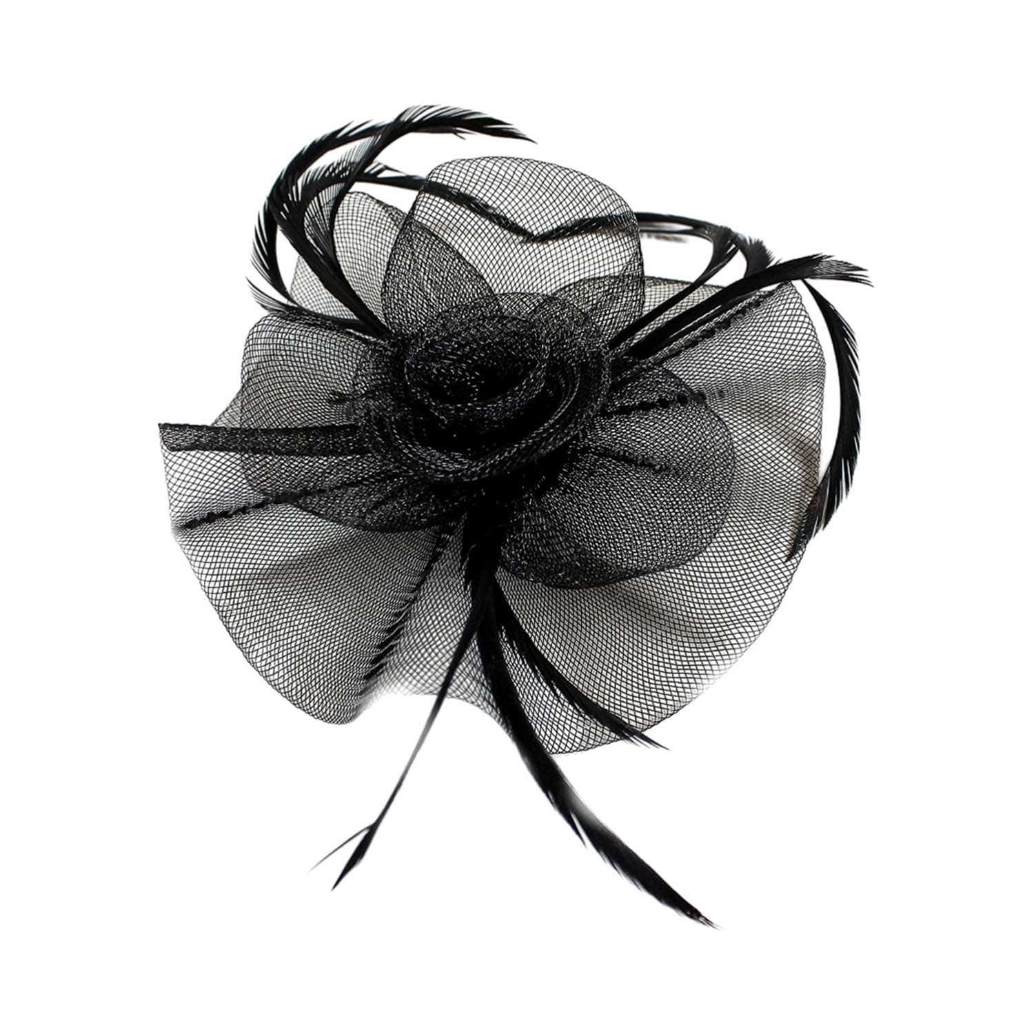 Majestique | Majestique Elegant Fascinator Hat with Mesh Veil and Feather - Black