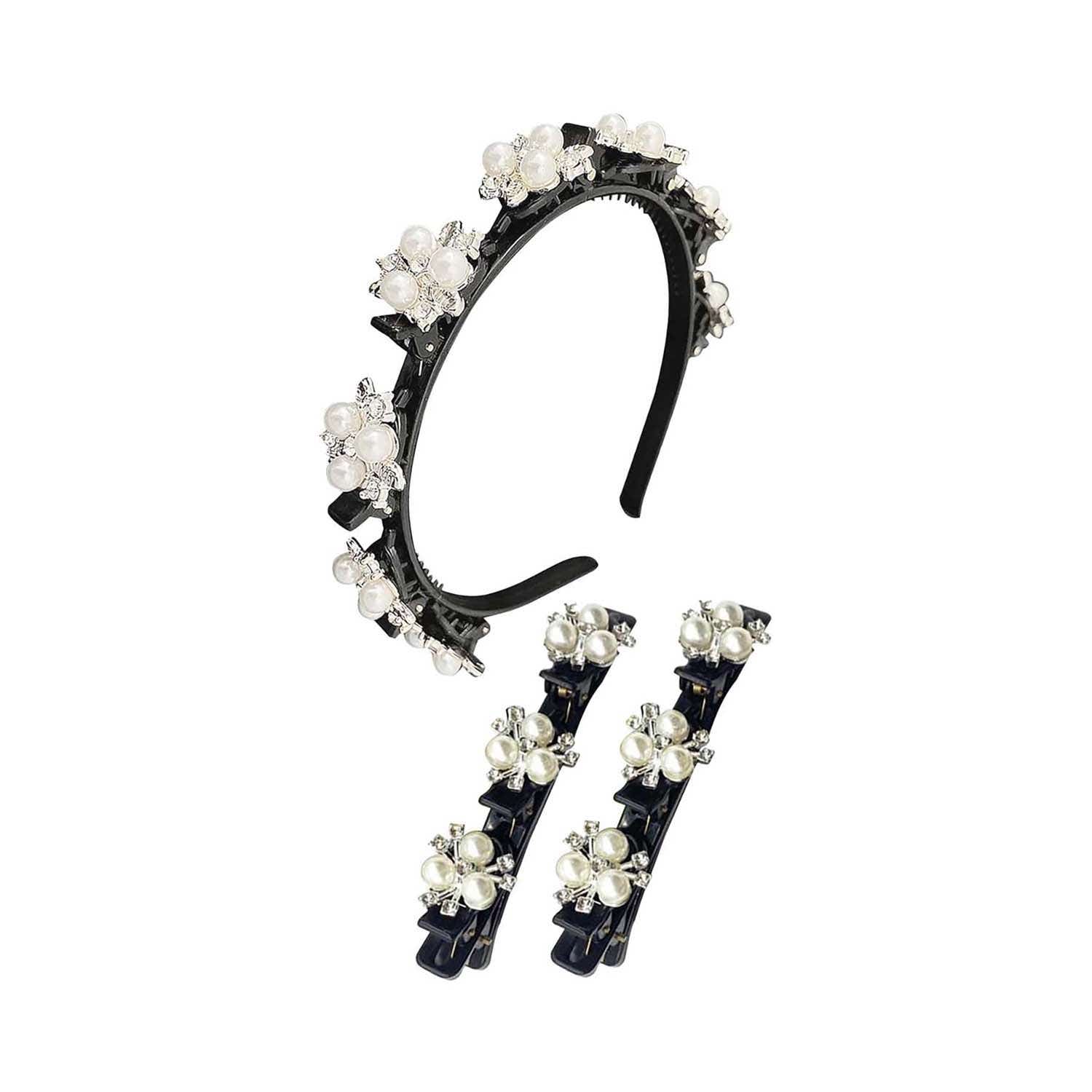 Majestique | Majestique Double Layer Twist Plait Headband with Pearl Flower Alligator Clips (3 pcs)