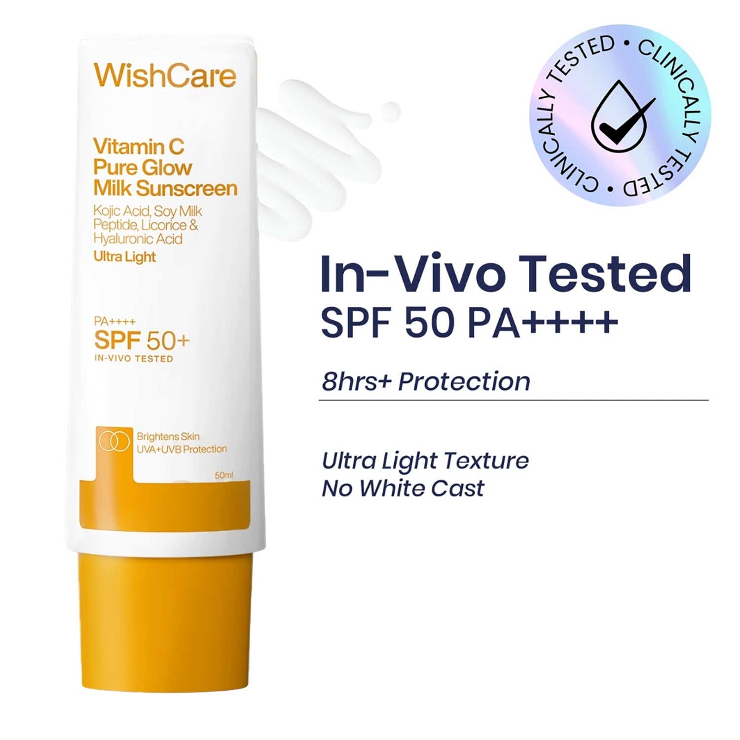 WishCare Vitamin C Pure Glow Brightening Sunscreen for Dry Skin - SPF50 PA++++In-Vivo Tested (50 ml)