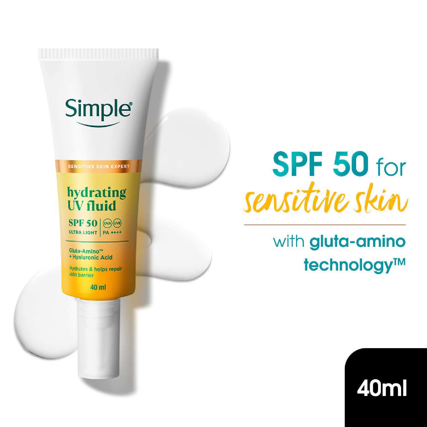 Simple | Simple Hydrating UV Fluid SPF 50 PA++++ Hyaluronic Acid Sunscreen for dry and sensitive skin (40 ml)