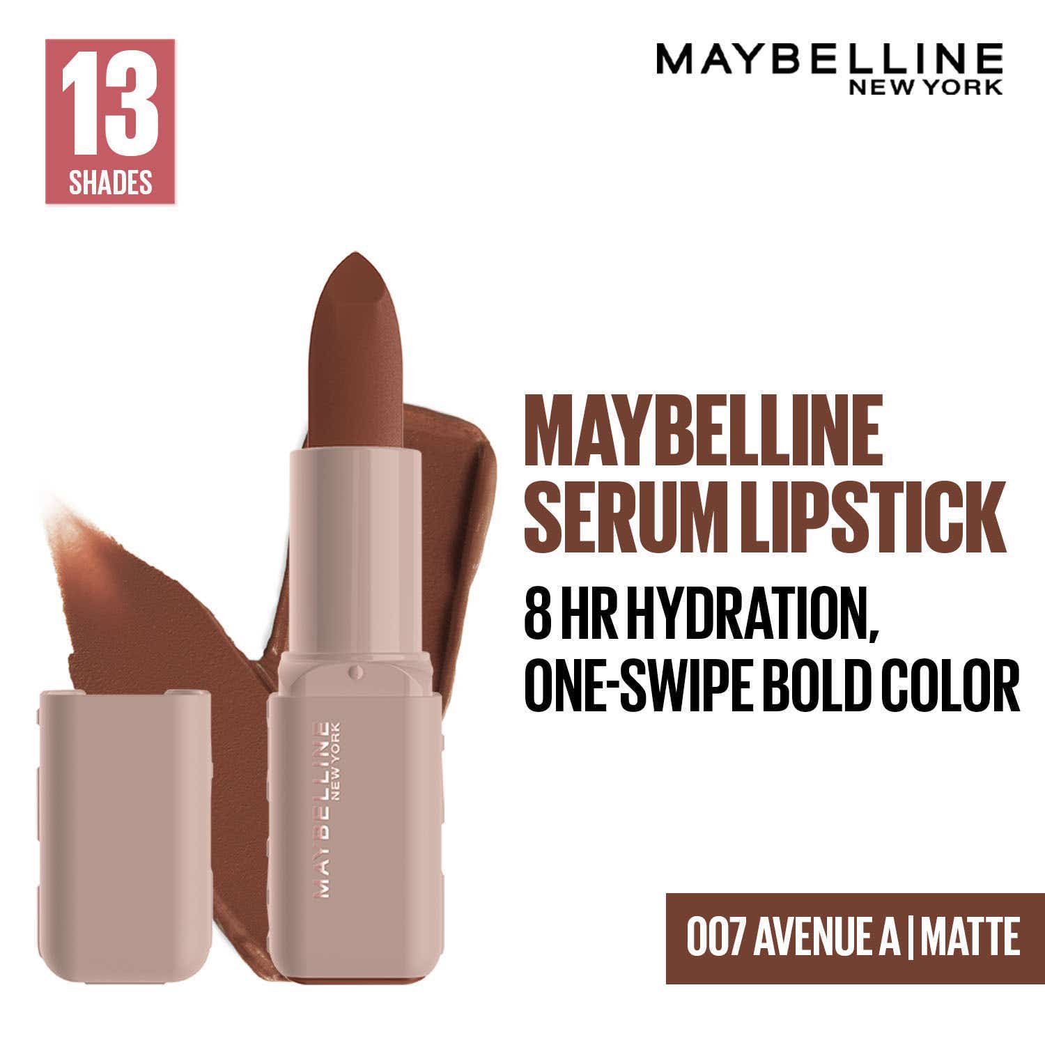 Maybelline New York | Maybelline New York Serum Lipstick (Matte) 8Hr Hydration + one-swipe bold color - 007 Avenue A (4.5g)