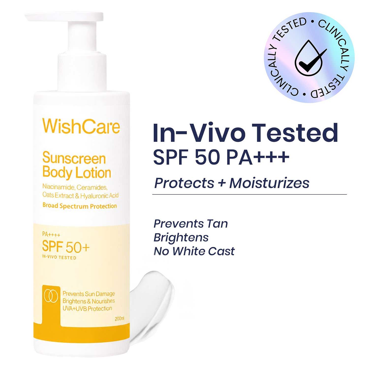 WishCare | WishCare Sunscreen Body Lotion SPF50 PA+++ In Vivo Tested UV Protection No White Cast (200 ml)