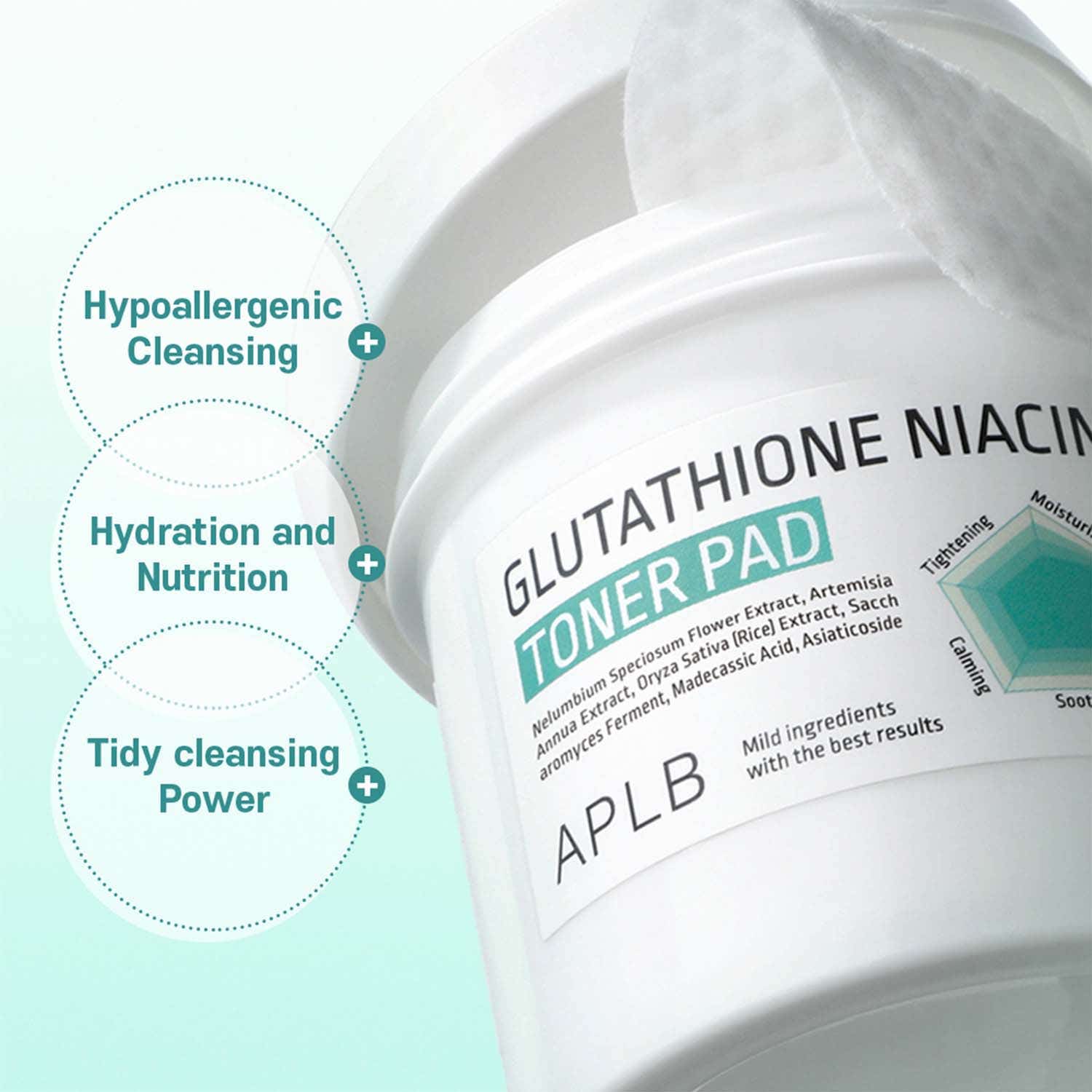 aplb glutathione niacinamide toner pad ingredients (100 ml) with a total weight of 280 g including the container and pads Glutathione Niacinamide Toner Pad (60