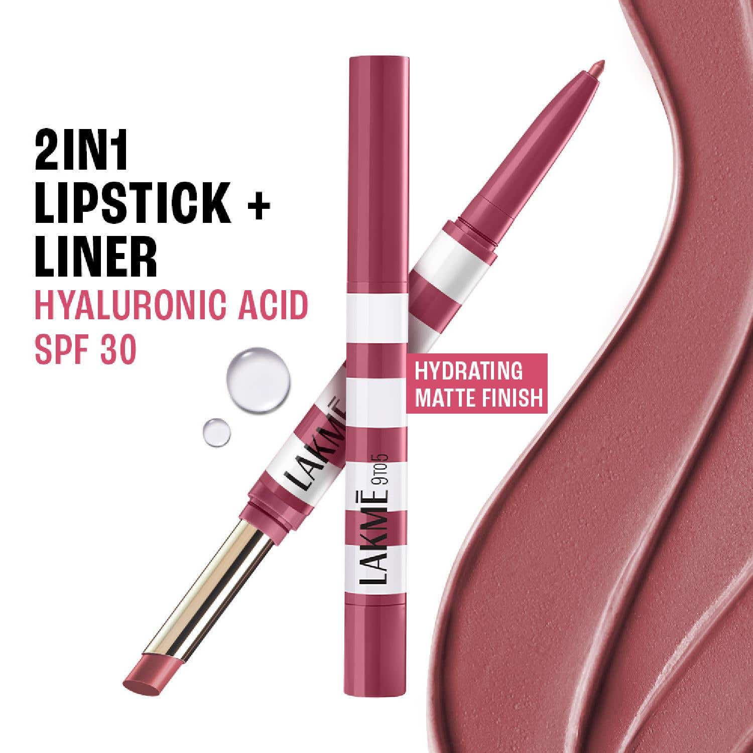 Lakme | Lakme 9to5 Hya Beach Edit, Lipstick + Liner Duo, SPF Matte Finish Lipstick - Off Duty Nude (2+0.2 g)