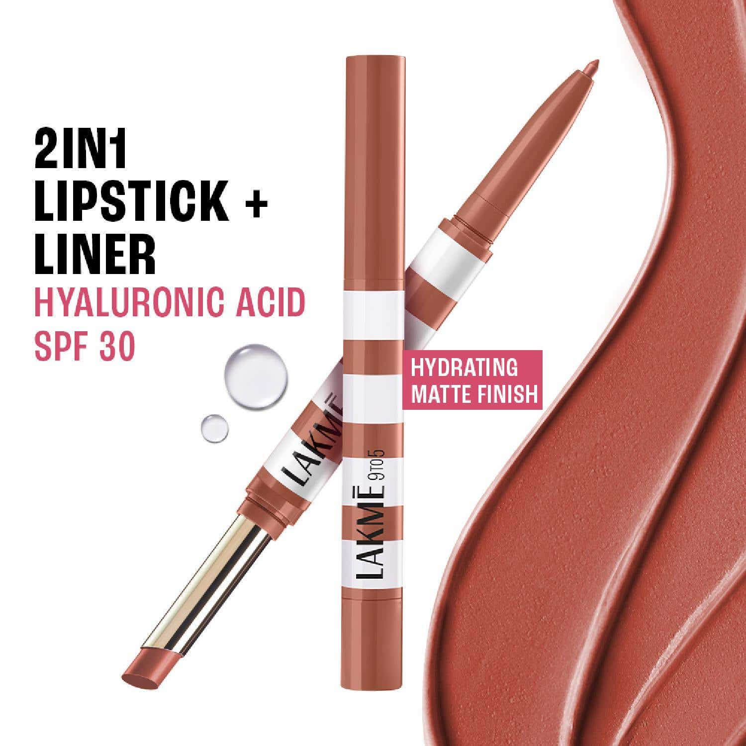 Lakme | Lakme 9to5 Hya Beach Edit, Lipstick + Liner Duo, SPF Matte Finish Lipstick – Beachy Nude (2 + 0.2 g)