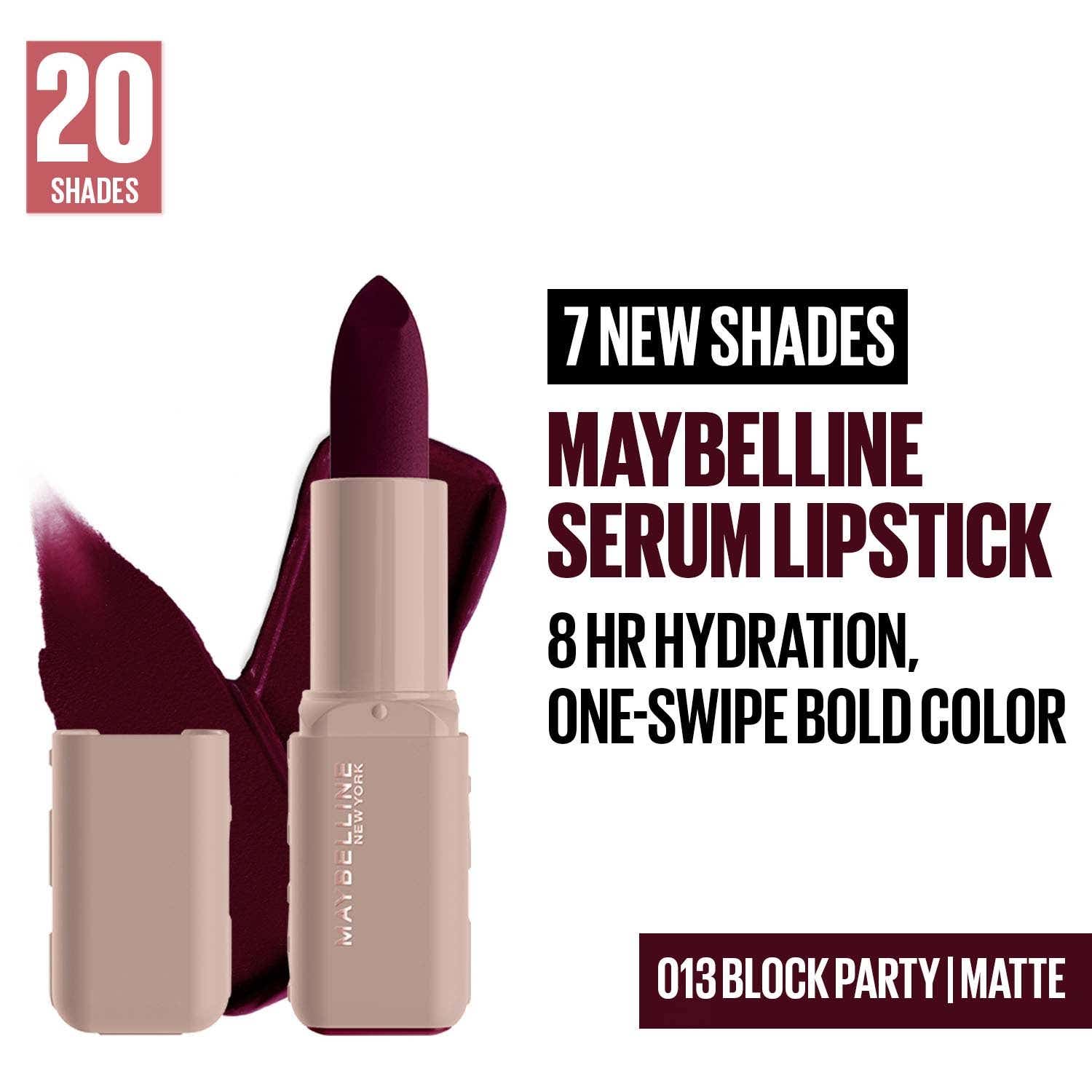 Maybelline New York | Maybelline New York Serum Lipstick Matte 1-Swipe Lush Color 8HR Hydration - Block Party (3.4 g)