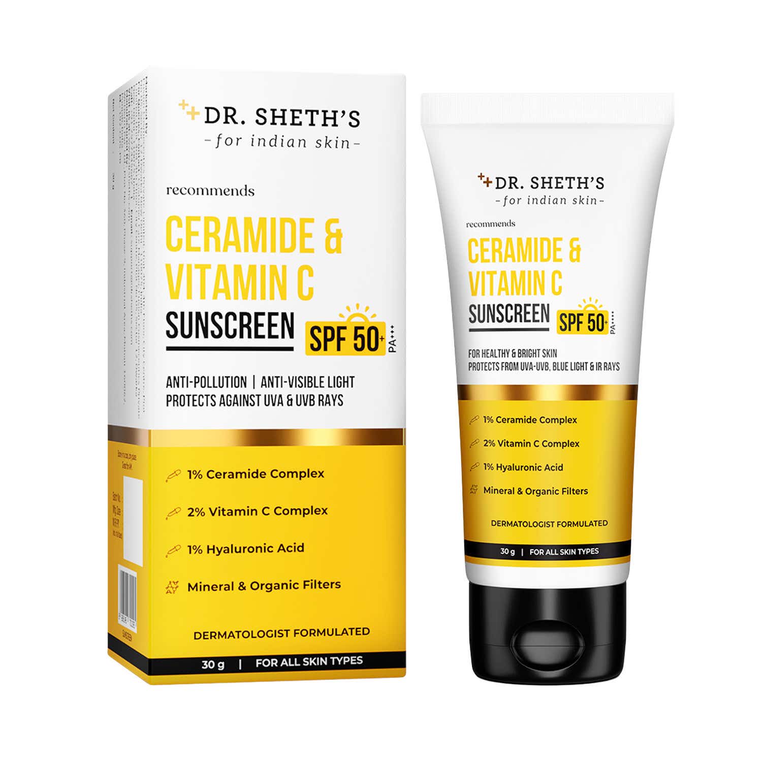 Dr. Sheth's | Dr. Sheth's Ceramide & Vitamin C Sunscreen SPF 50+ PA++++ In-Vivo Tested for Bright Skin (30g)