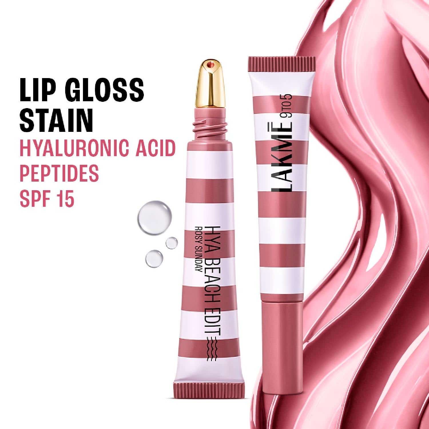 Lakme | Lakme 9to5 Hya Beach Edit Lip Gloss Stain, Hydrating, Long Lasting, SPF 15 - 2 Rosy Sunday, (10 ml)