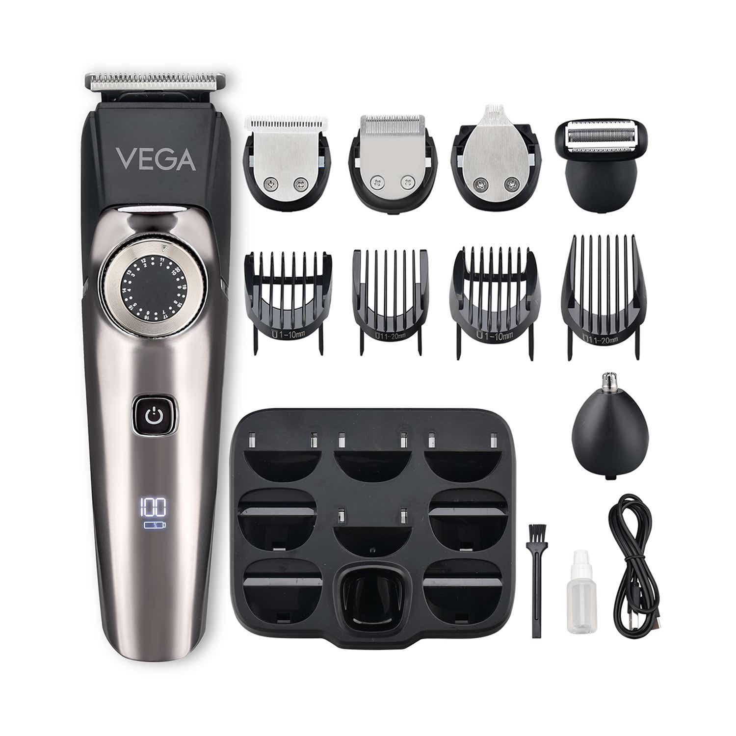 Vega | Vega 9-in-1 Pro Multi Grooming Trimmer for Men, 150Min Runtime, Gunmetal-Toned & Black (VHTH-32)