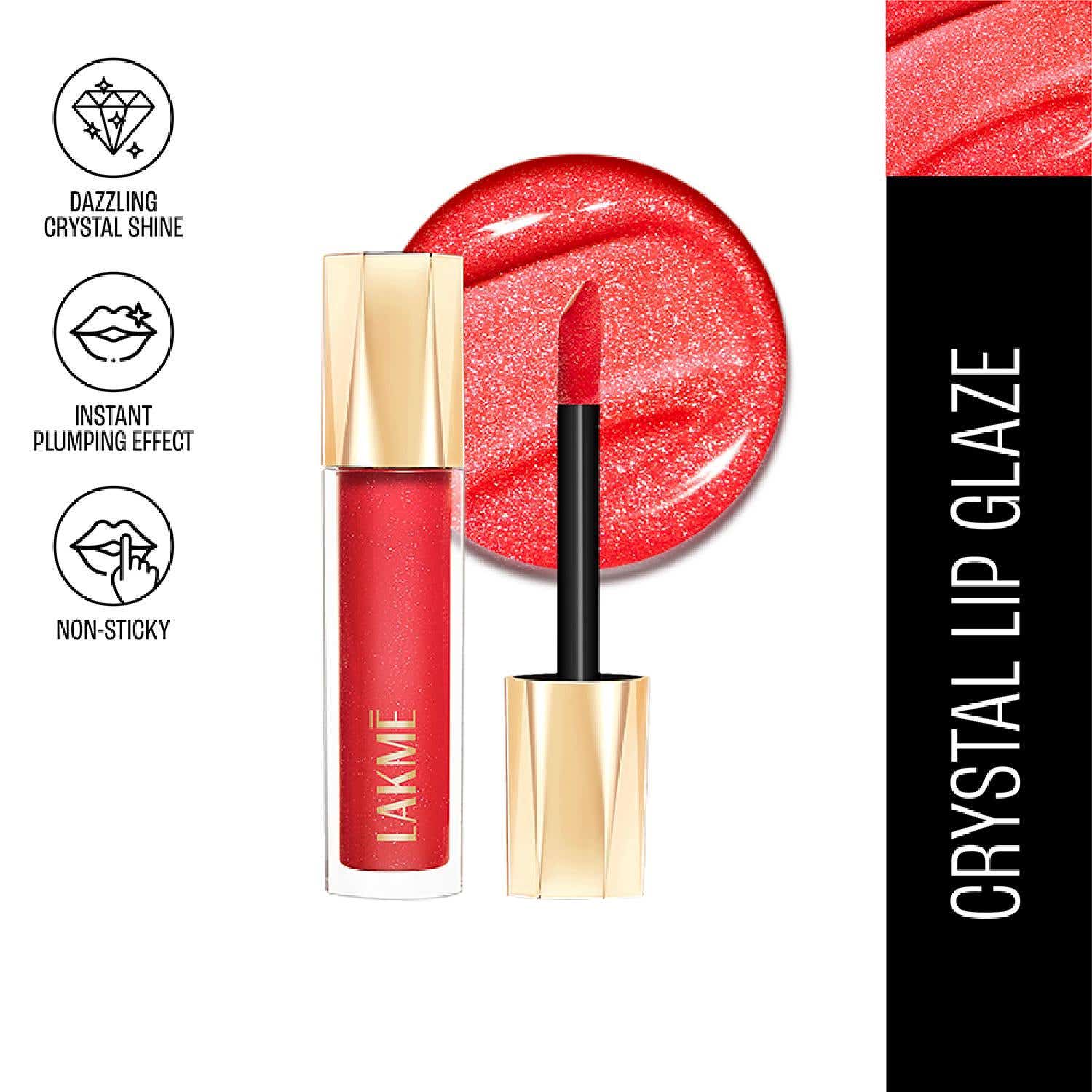 Lakme | Lakme Glitterati Lip Glaze with Vegan Collagen for Glossy Lips - 101 Scarlet Spritzer (5 ml)