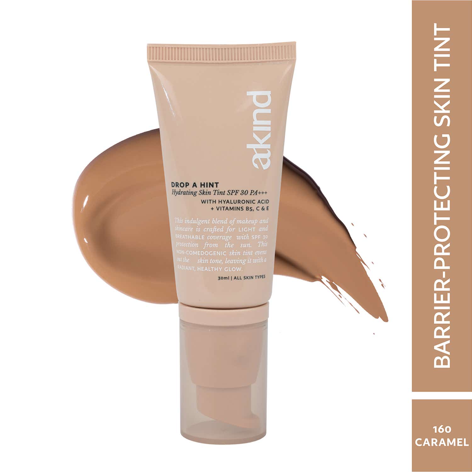 Akind | Akind Drop A Hint Hydrating Skin Tint SPF 30 PA+++ Dewy Skin & Sun Protection - 160 Caramel (30ml)