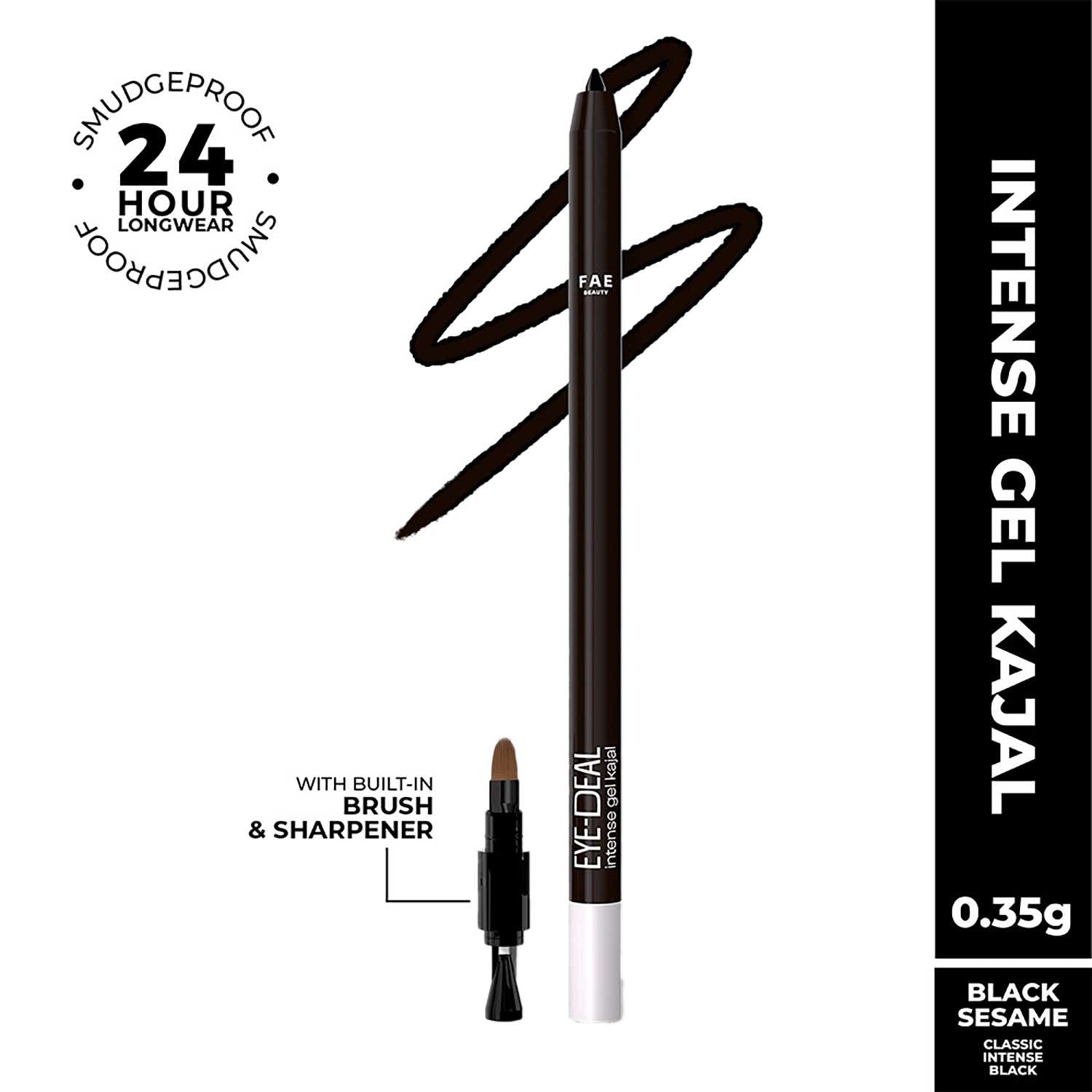 FAE BEAUTY | FAE BEAUTY Eye-Deal Intense Gel Kajal With Sharpener & Fine Bristle Brush Shade - Black Sesame (0.35 g)