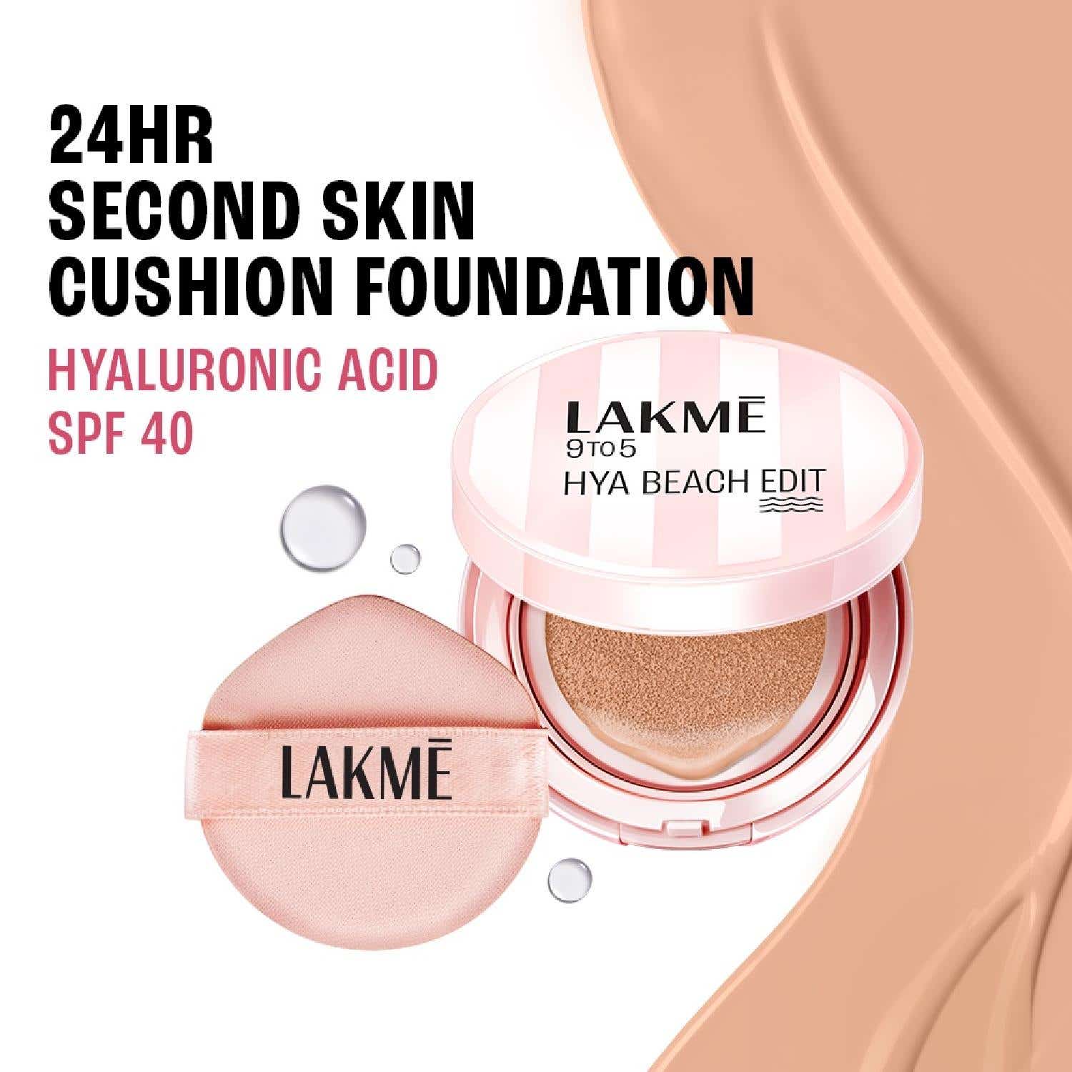 Lakme | Lakme 9to5 Hya Beach Edit Cushion Foundation, SPF40, Full Matte Coverage,W 160-Warm Sand (12 g)