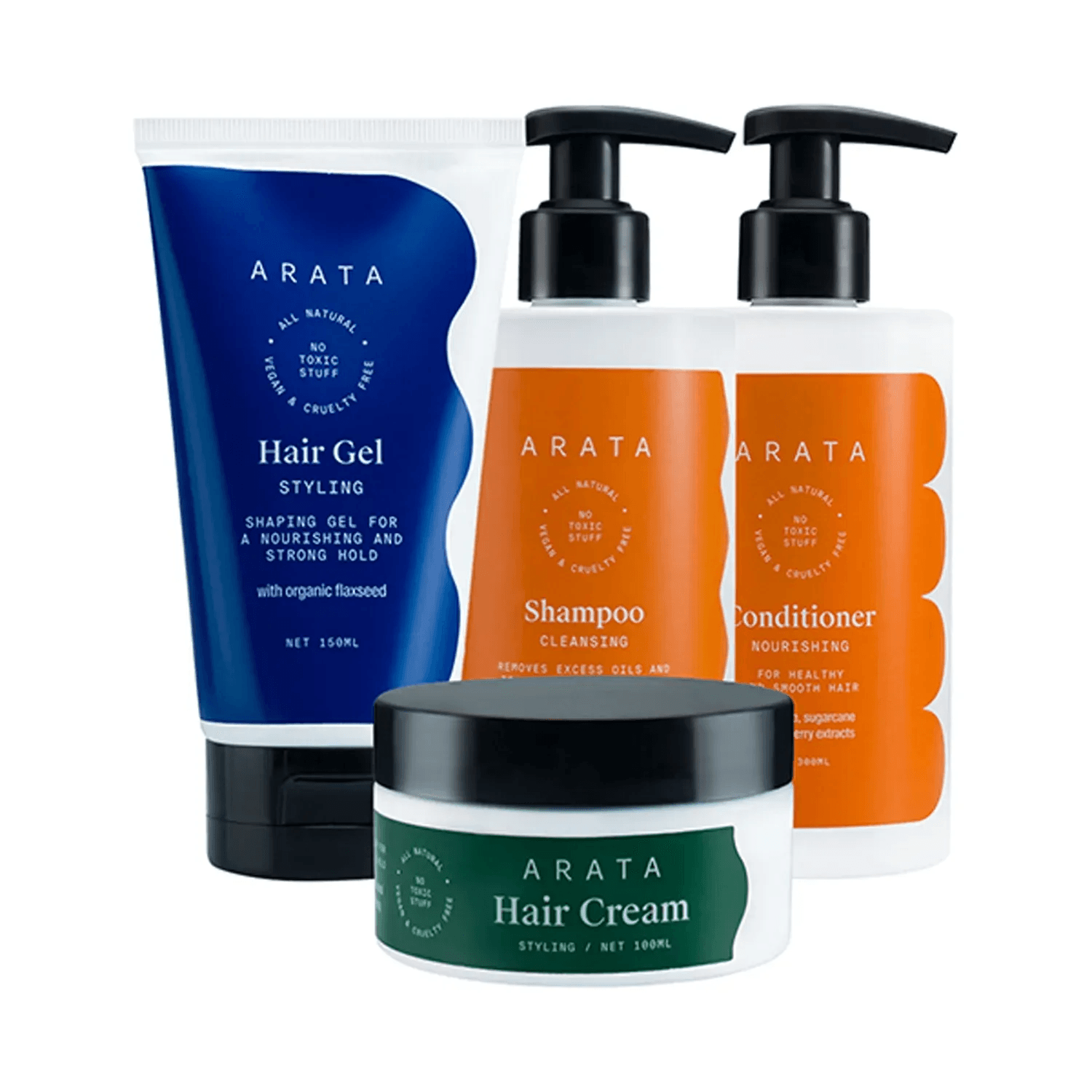 Arata | Arata Natural Hair Care Essentials With Cleansing Shampoo, Conditioner, Hair Gel & Hair Cream (850 ml)