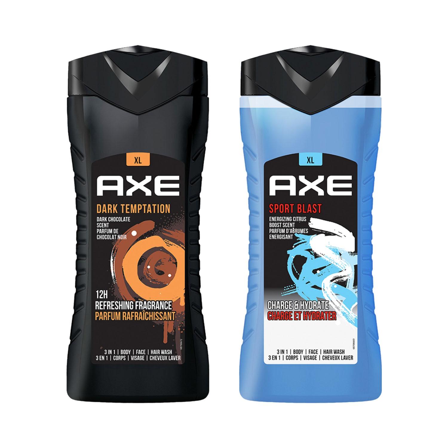 Axe Dark Temptation & Sports Blast 3 In 1 Body Face & Hair Wash for Men Long-Lasting Fragrance Combo