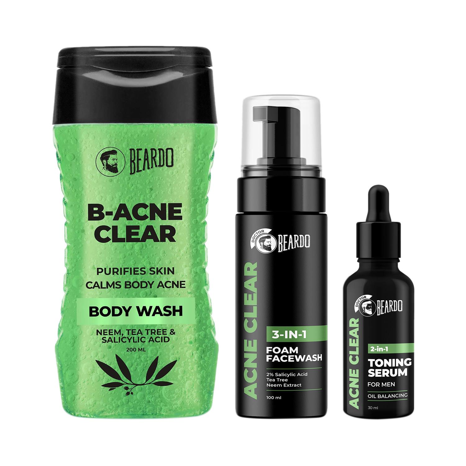 Beardo B-acne Clear Body Wash, Foam Face wash & 2in1 Toning Serum (Set of 3) Combo
