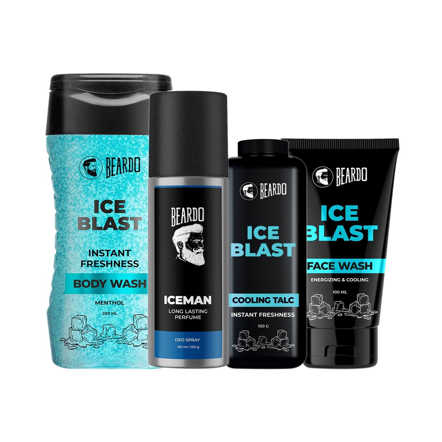 Beardo | Beardo Ice Blast Cooling Talc, Iceman Deo Spray, Ice Blast Body Wash & Face Wash Combo