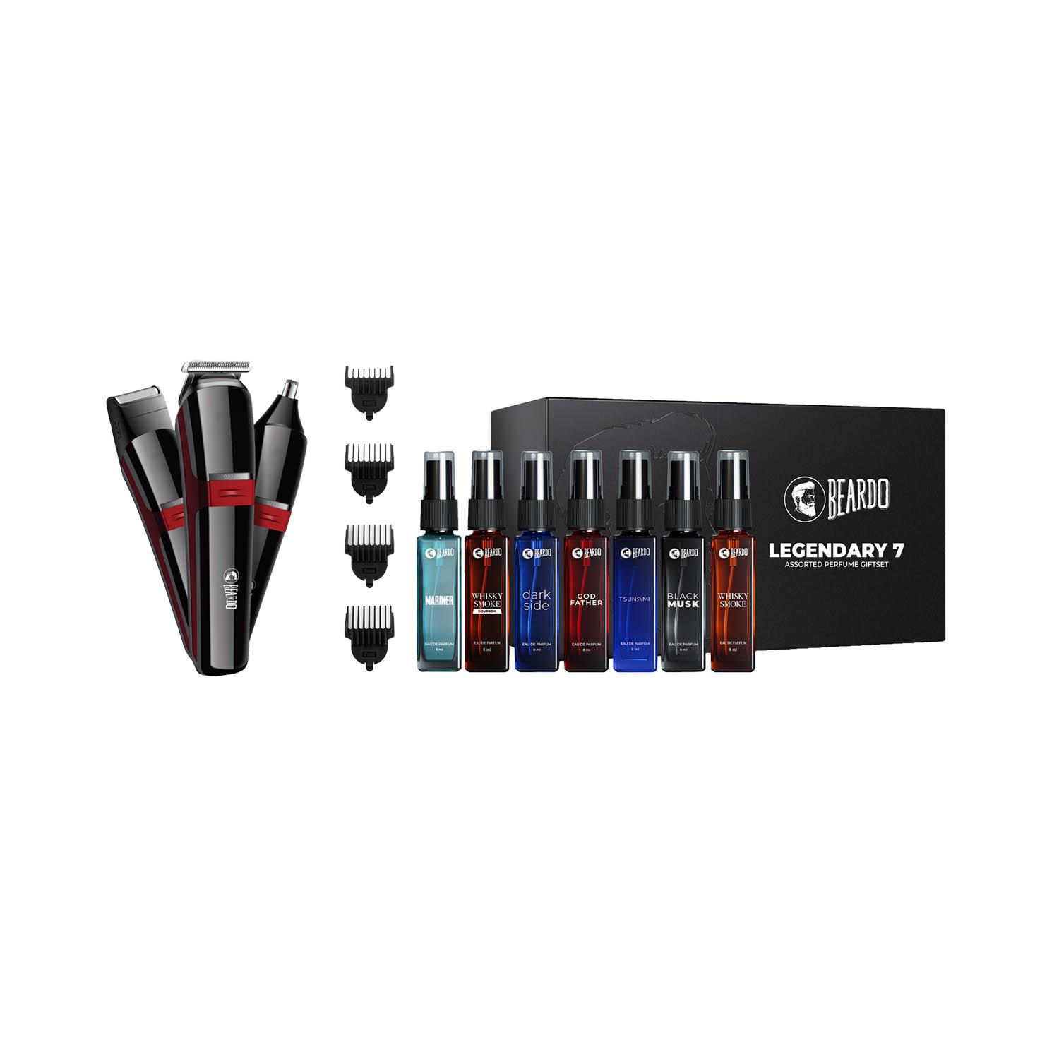 Beardo | Beardo Legendary 7 Assorted Perfume Gift Set & APE-X 3-In-1 Multipurpose Trimmer - Black & Red Combo