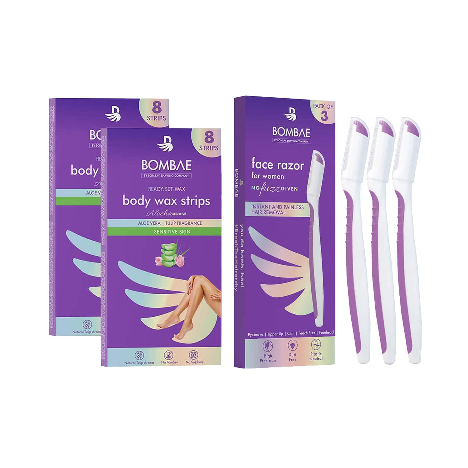 Bombae | Bombae Full Body Wax Strips with Aloe Vera (10 pcs) & Reusable Face Razors (3 pcs) for Women Combo