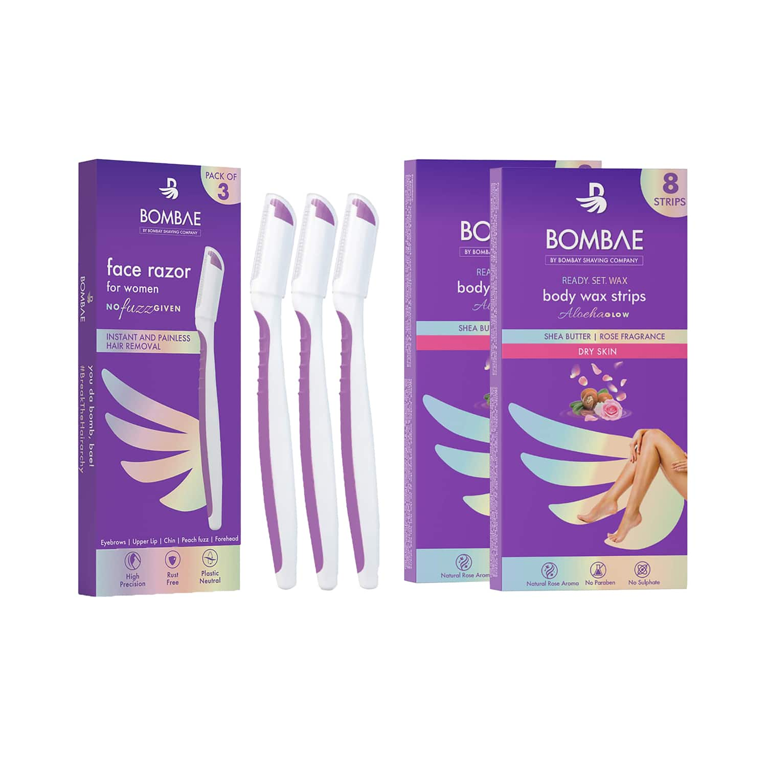 Bombae | Bombae Full Body Wax Strips with Shea Butter (10 pcs)& Reusable Face Razors (3 pcs) for Women Combo