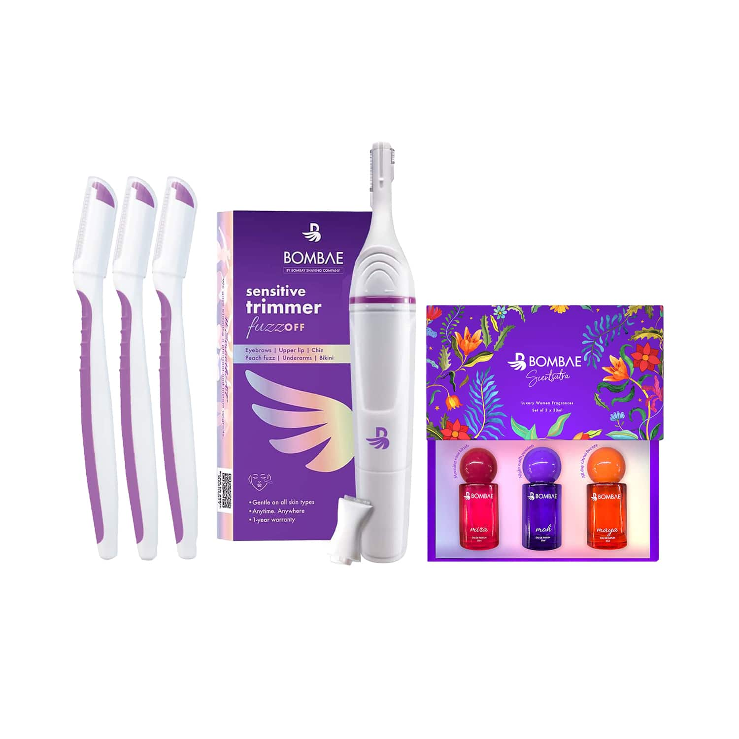 Bombae | Bombae 6-in-1 Sensitive Trimmer + Scentsutra Perfume Set & NOFuzzGIVEN Face Razor For Women Combo