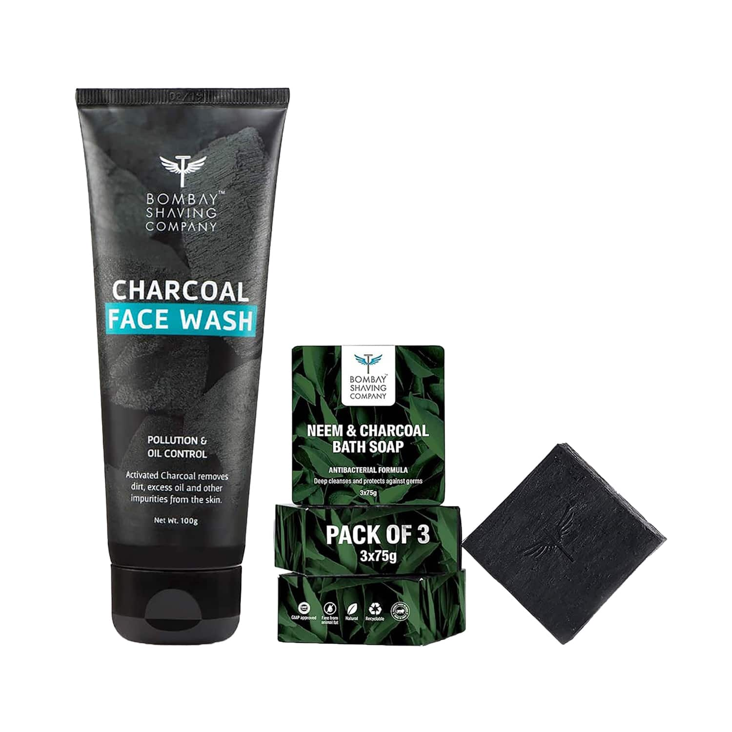 Bombay Shaving Company | Bombay Shaving Company Charcoal Face Wash (100 g) + Neem & Charcoal Bath Soap (3 pcs) For Men Combo