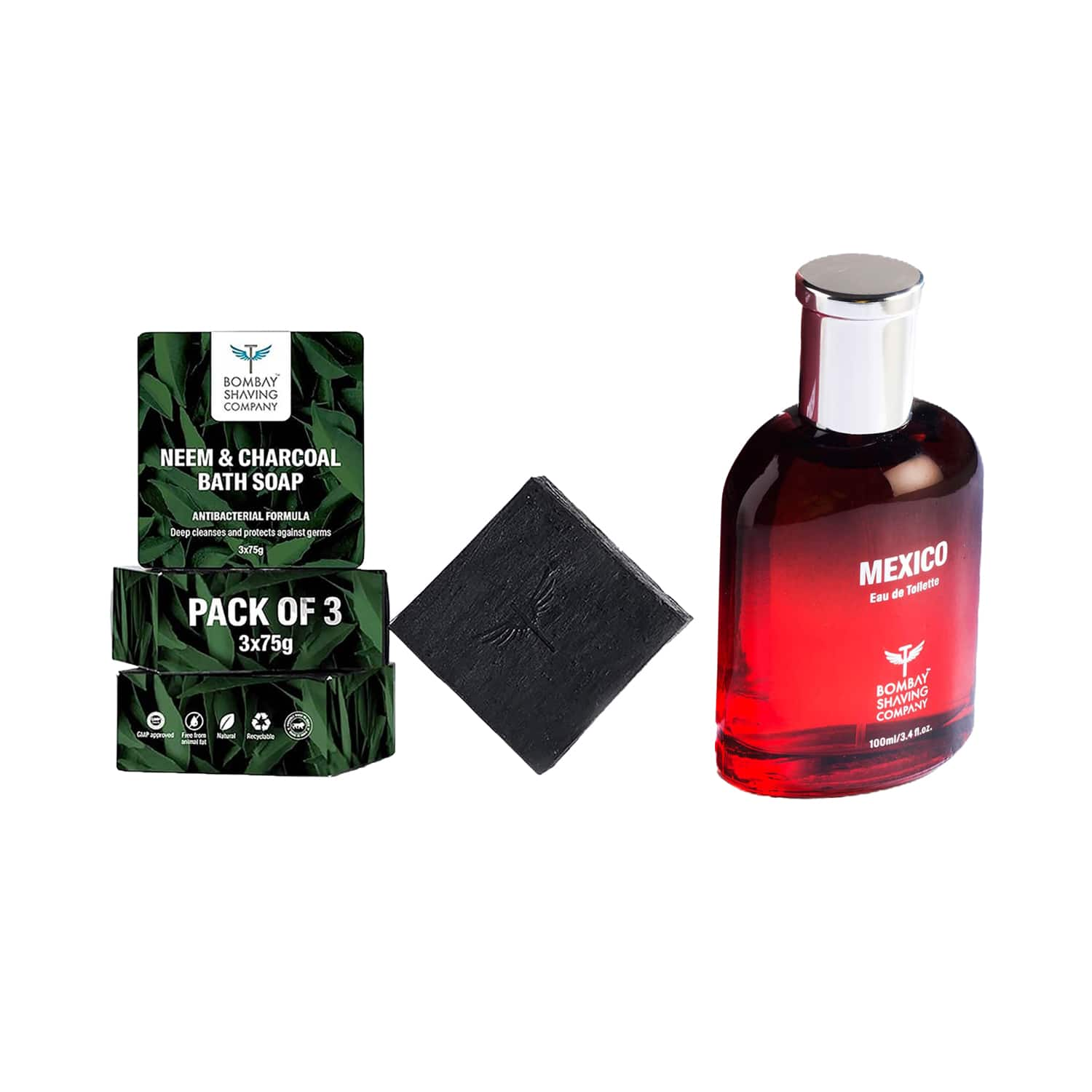 Bombay Shaving Company | Bombay Shaving Company Mens Neem & Charcoal Bath Soap (3 pcs) & Mexico Premium Perfume(100 ml) Combo